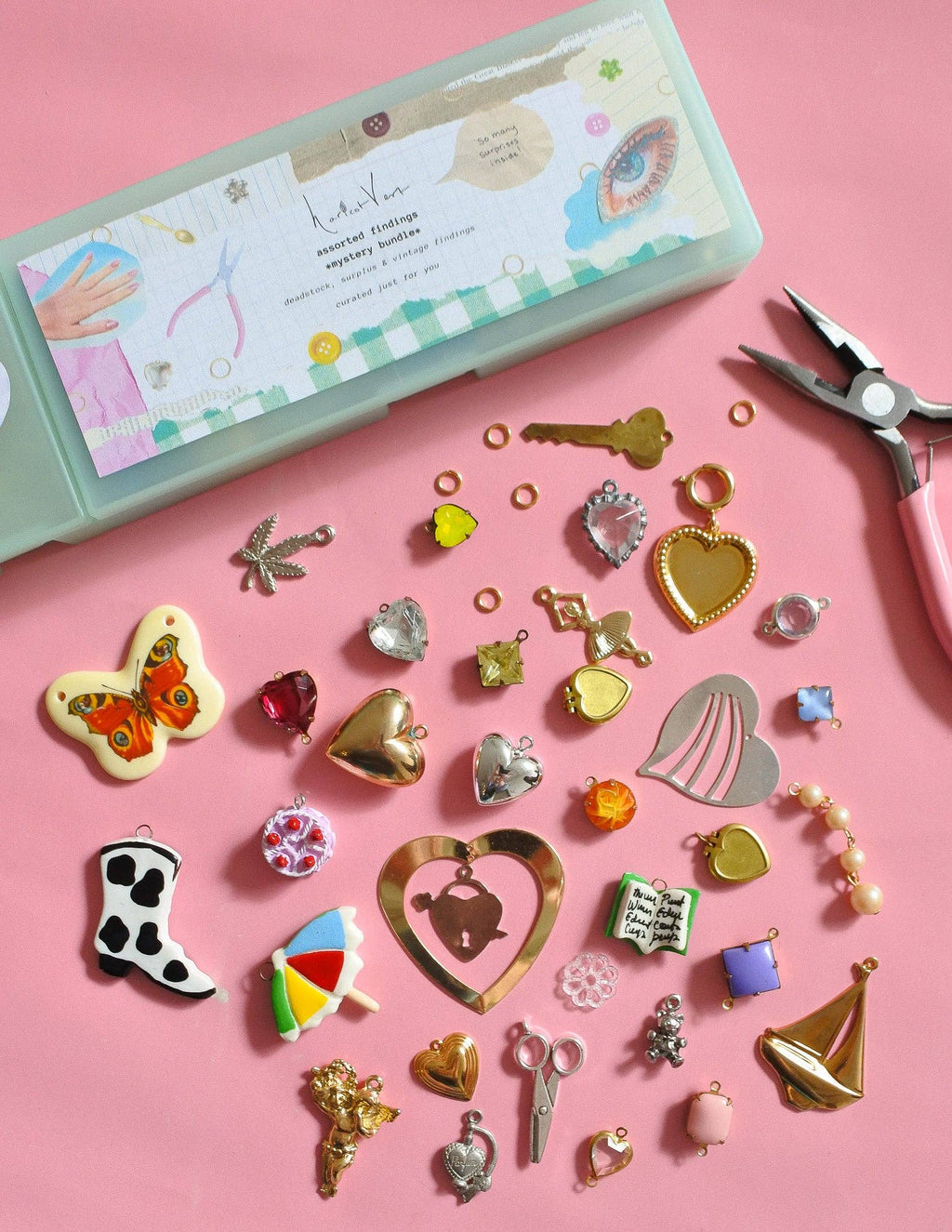 Deadstock & Vintage Assorted Charms in Pink Organizer Case *mystery craft bundle* by Haricot Vert