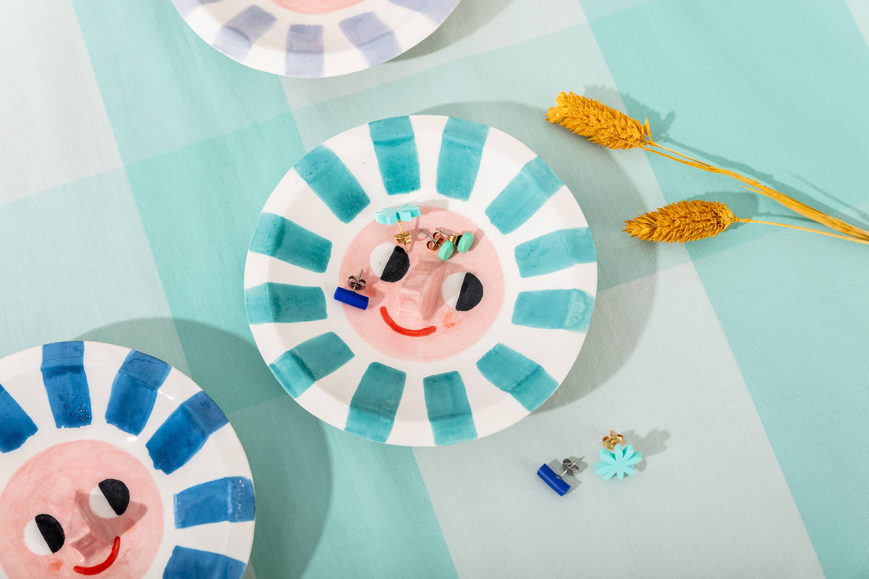 Happy Sun Teal / Ceramic Trinket Dish, Made in Portugal by Ana Seixas