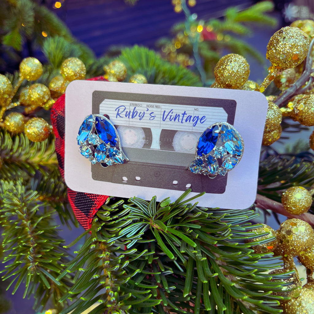 Vintage Blue Crystal Teardrop Clip-On Earrings