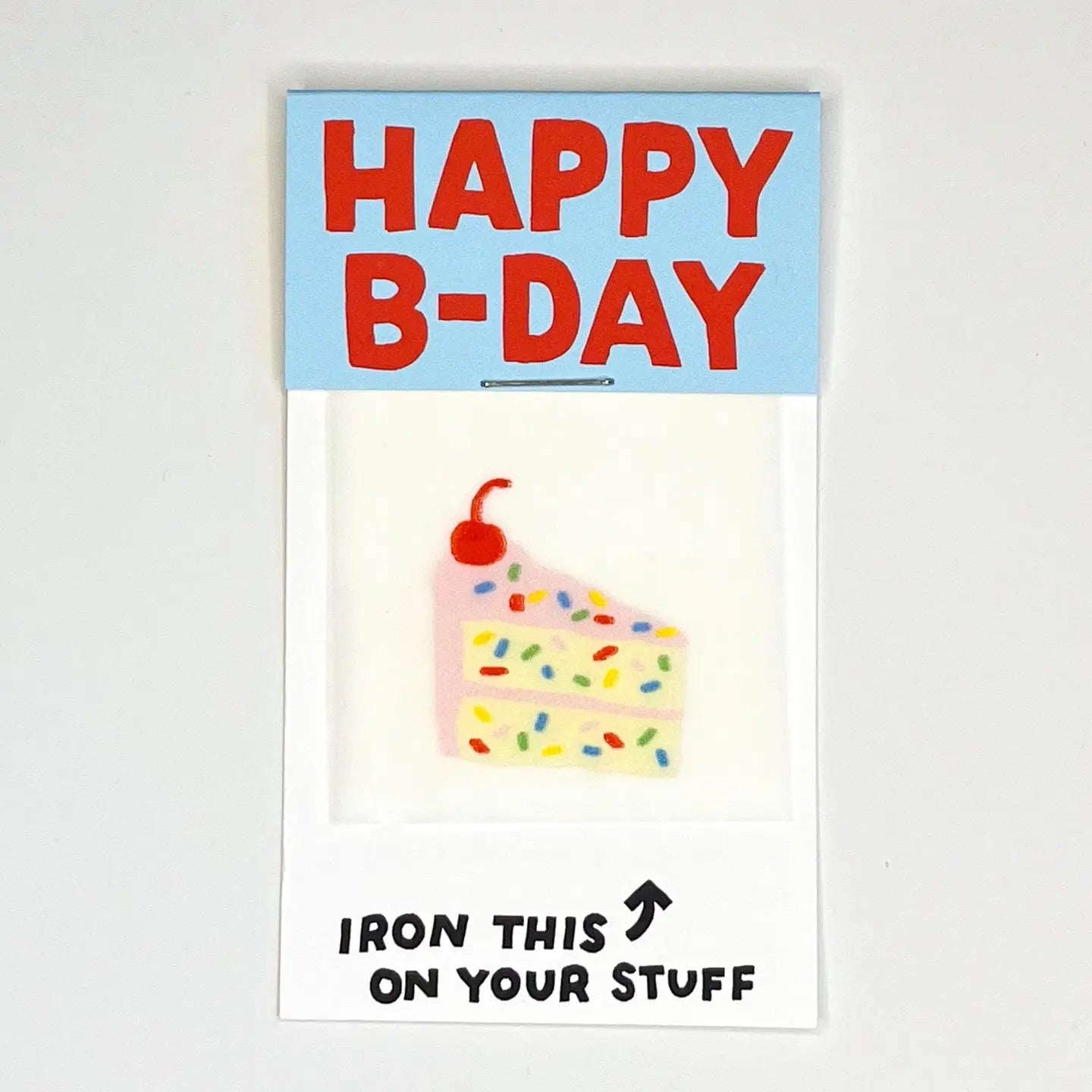 Happy Birthday iron-on patch with cake design and text on a white background