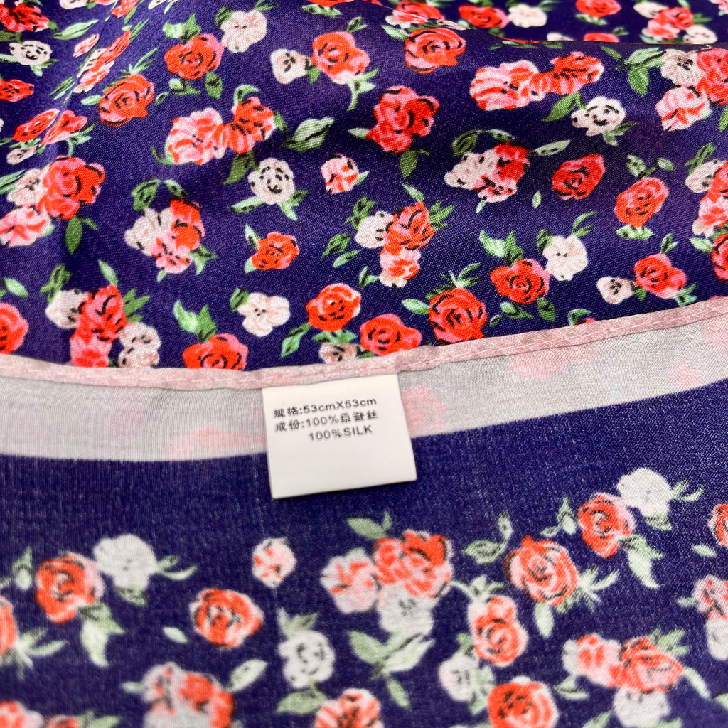 Vintage Navy, Red, & Pink Floral 100% Silk Scarf