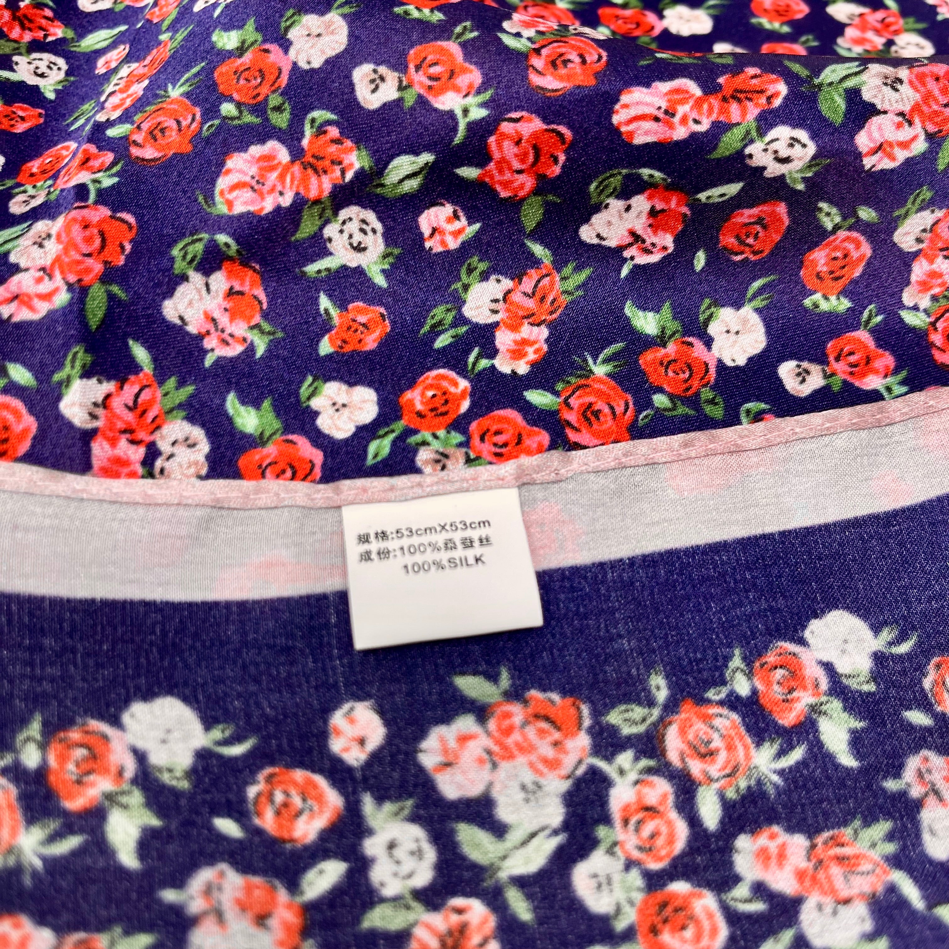 Vintage Navy, Red, & Pink Floral 100% Silk Scarf