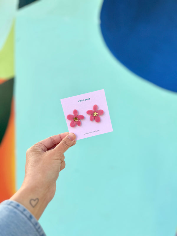 Flower Acrylic Statement Studs in Pink Marble by Moon-Seed