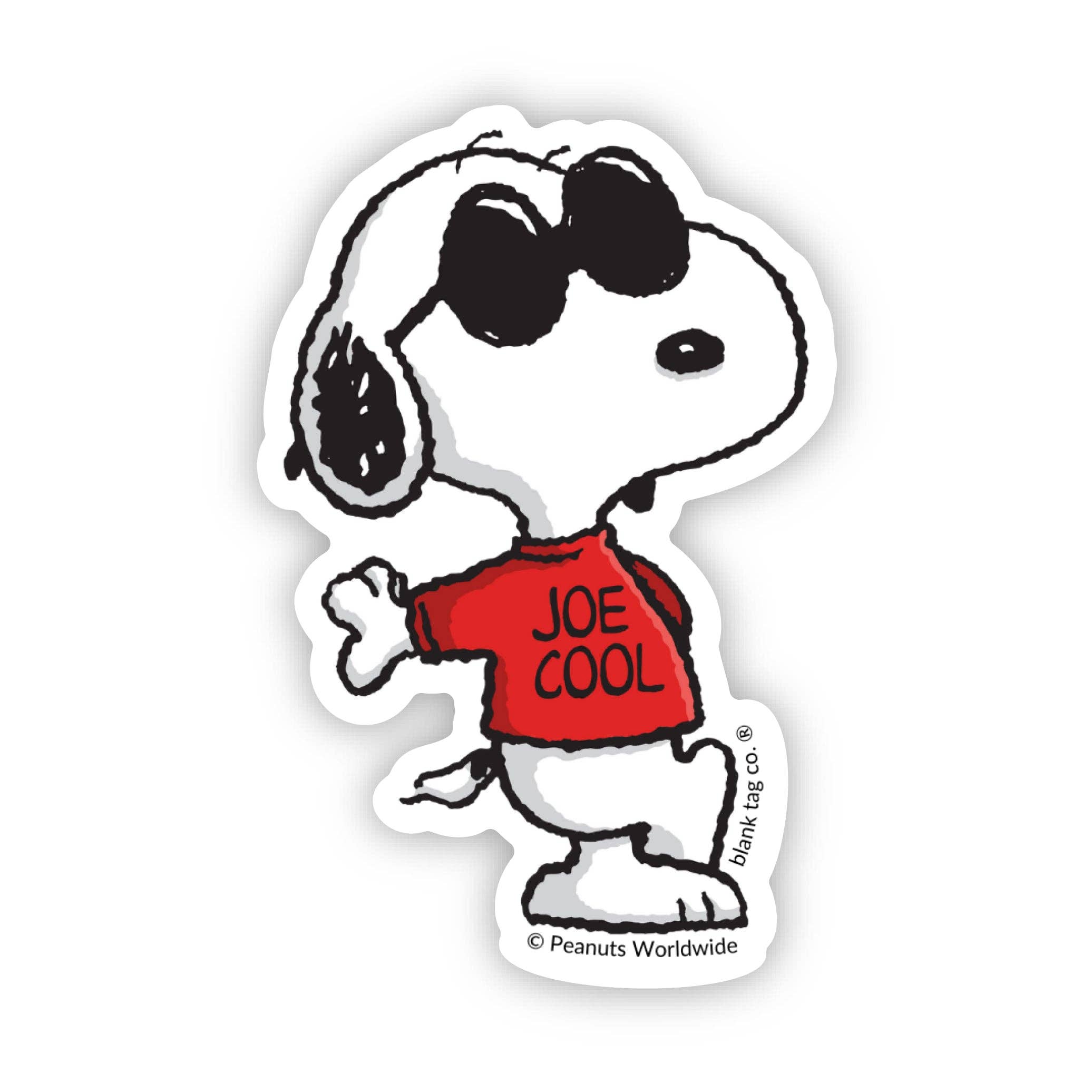 Sticker Snoopy as Joe Cool wearing sunglasses and a red shirt with 'Joe Cool' text on a white background