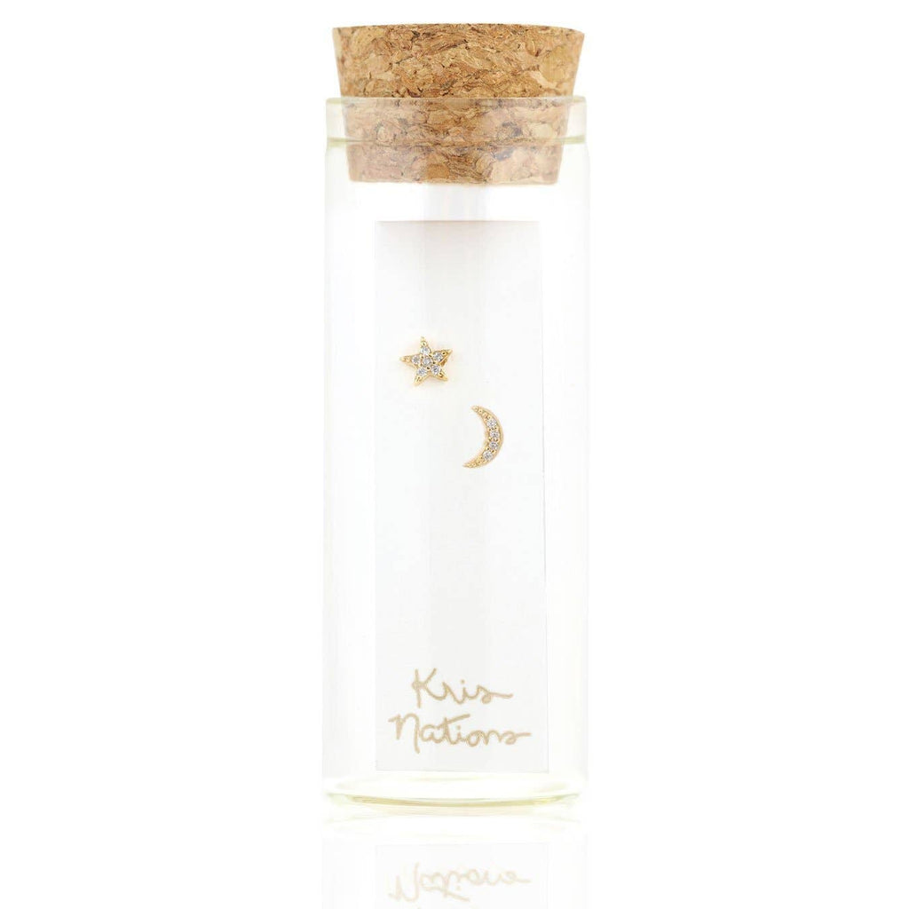 Star and Moon Crystal Stud Earrings 18K Gold Vermeil