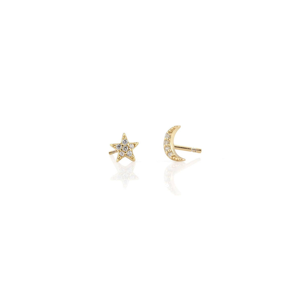 Star and Moon Crystal Stud Earrings 18K Gold Vermeil