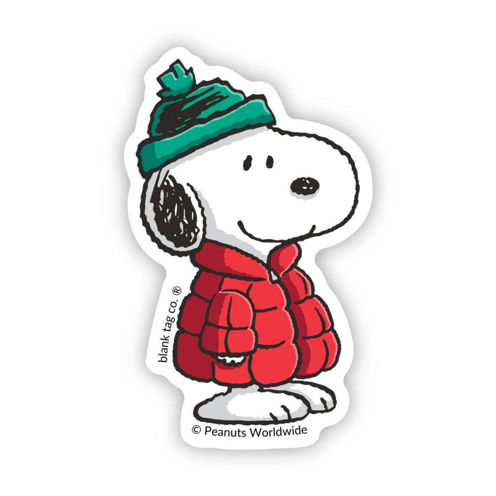 Sticker of Snoopy wearing a red coat and green hat on a white background