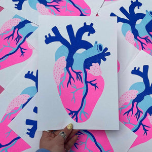 Neon Pink & Blue Anatomical Heart Art Illustration.