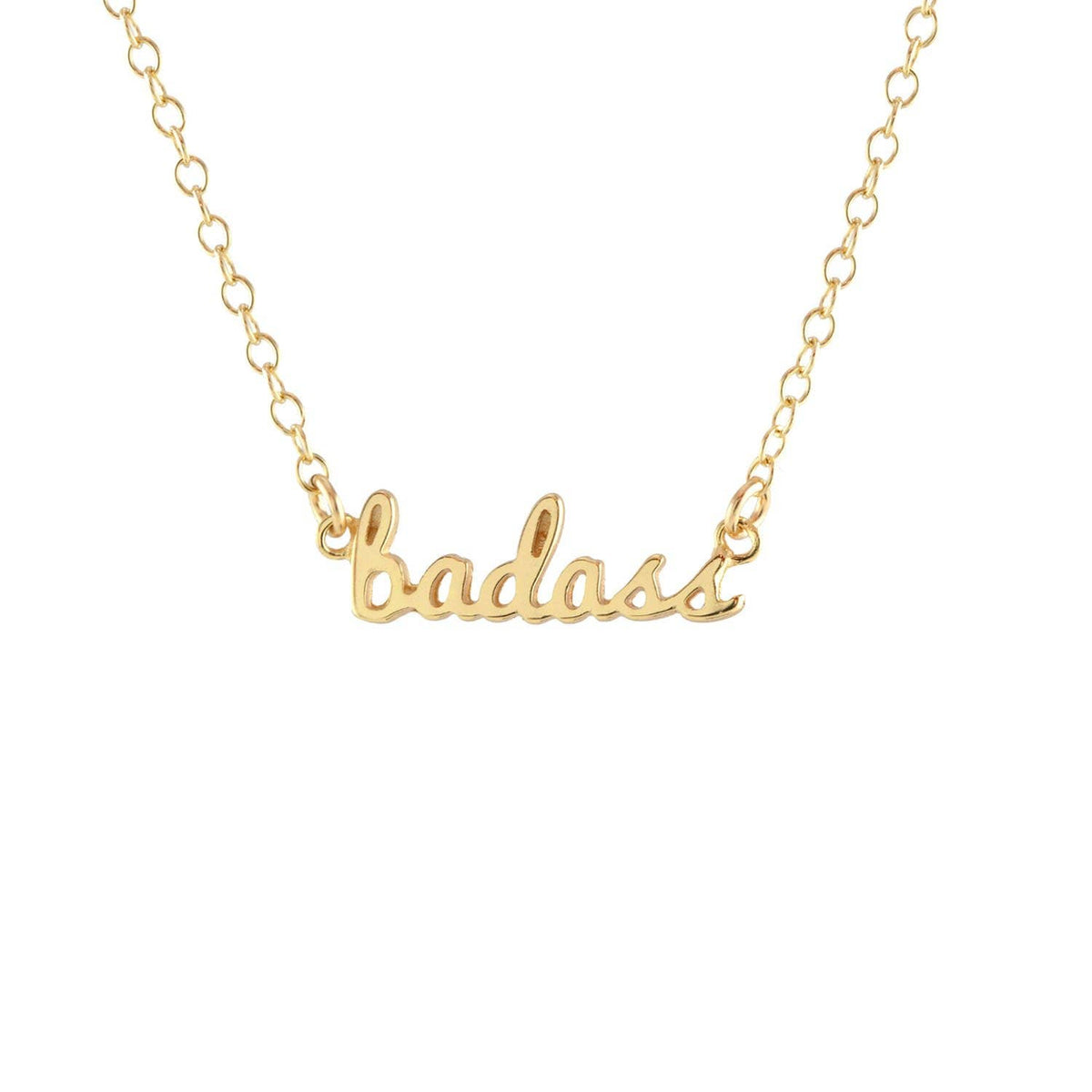 Gold necklace with 'badass' pendant on a white background