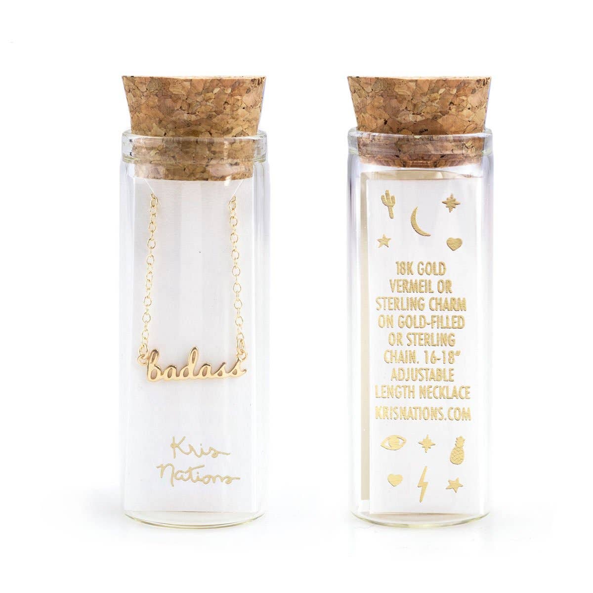 Glass jar with cork lid containing a gold necklace and product details on a white background