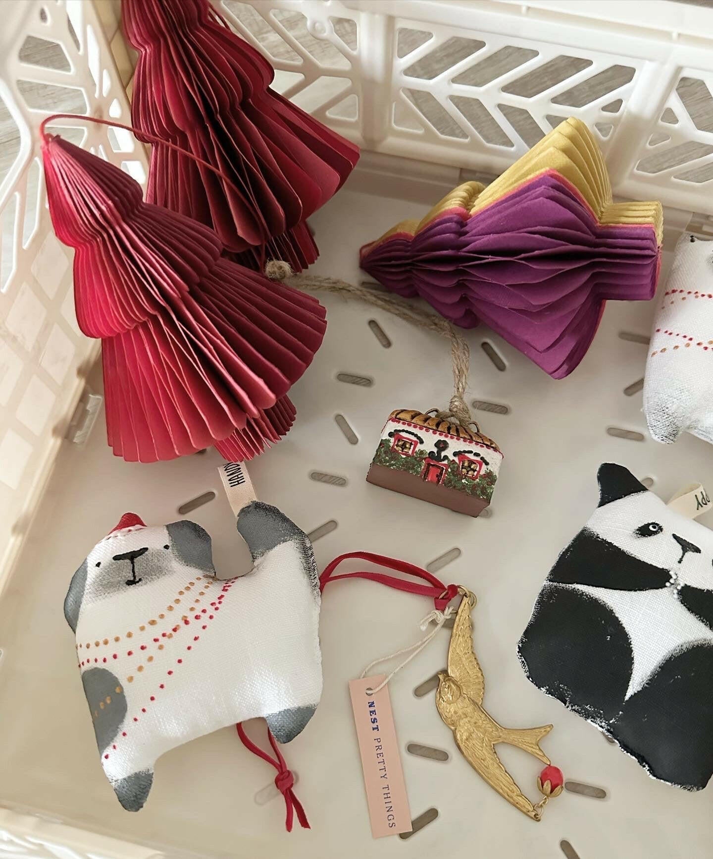 Brass Bird Christmas Tree Ornament with Red Velvet Ribbon.