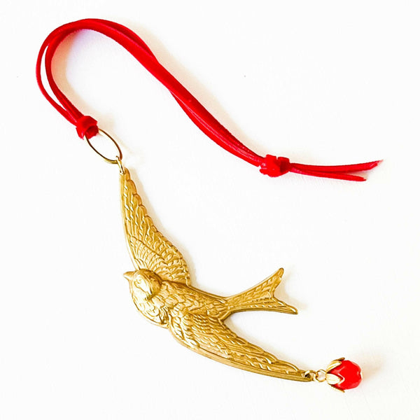 Brass Bird Christmas Tree Ornament with Red Velvet Ribbon.