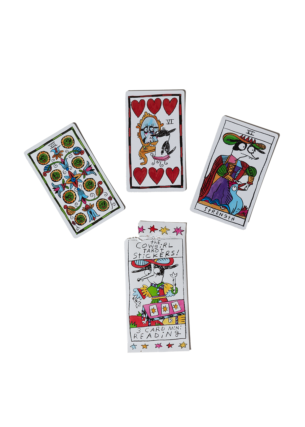 Four tarot card-style stickers with colorful designs and text on a white background.