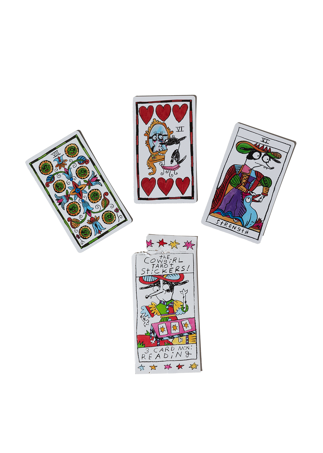 Four tarot card-style stickers with colorful designs and text on a white background.
