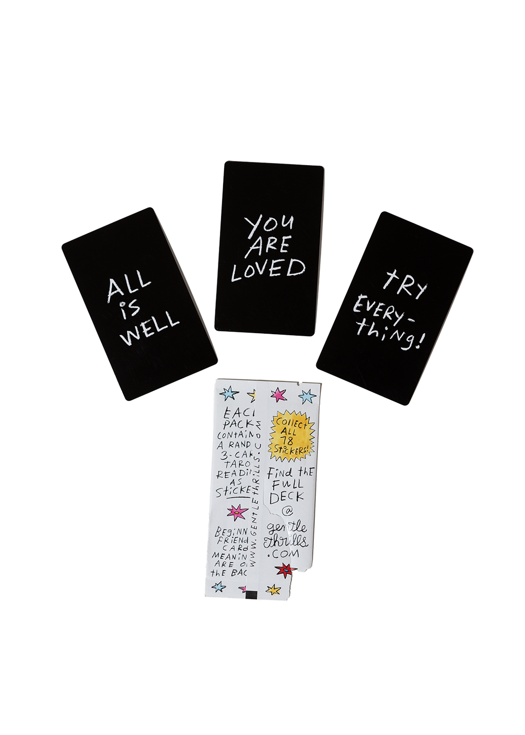 Four black cards with motivational phrases and a colorful card in the center on a white background.