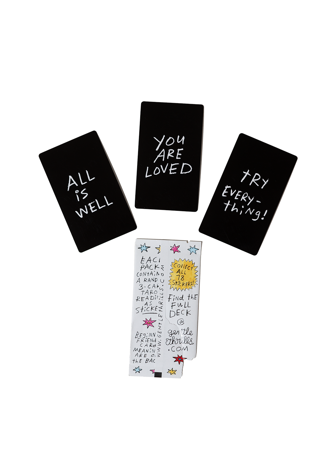 Four black cards with motivational phrases and a colorful card in the center on a white background.