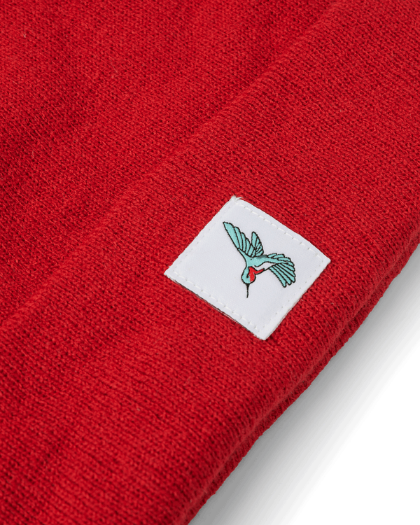 KNIT CUFFED BEANIE | HUMMINGBIRD PATCH | ARTISANAL RED