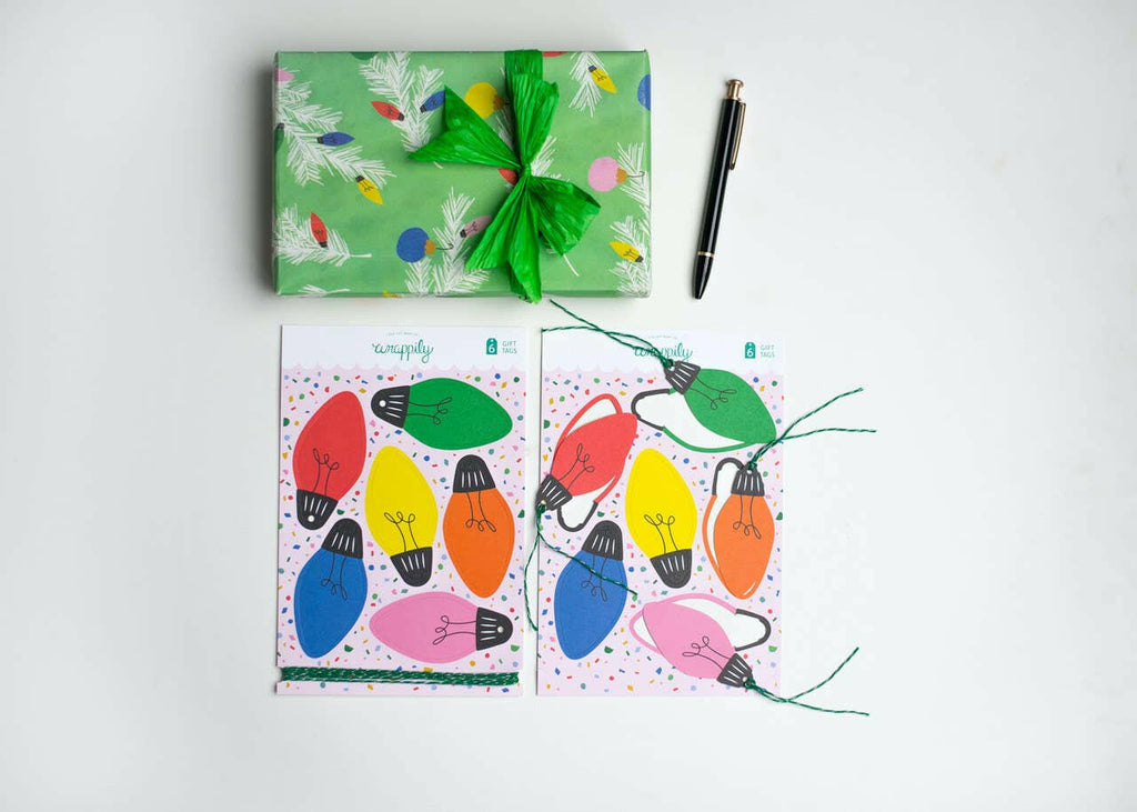 Earth Friendly Gift Tags, Christmas Lights, Set of Six.