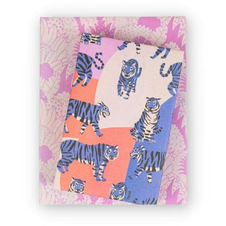 Eco-Friendly Reversible Gift Wrap Set - Sustainable, Modern Wrapping Paper by Kim Sielbeck, Blue Tigers & Pink Floral.