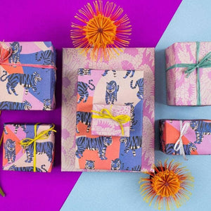 Eco-Friendly Reversible Gift Wrap Set - Sustainable, Modern Wrapping Paper by Kim Sielbeck, Blue Tigers & Pink Floral.