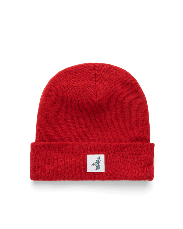 KNIT CUFFED BEANIE | HUMMINGBIRD PATCH | ARTISANAL RED