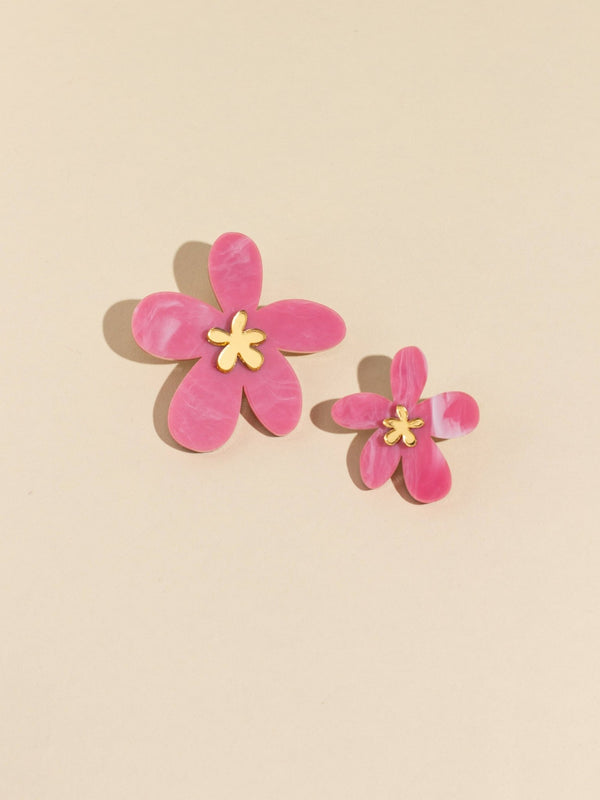 Flower Acrylic Statement Studs in Pink Marble | Small & Large Drop Lengths | Moon - Seed - Ruby's