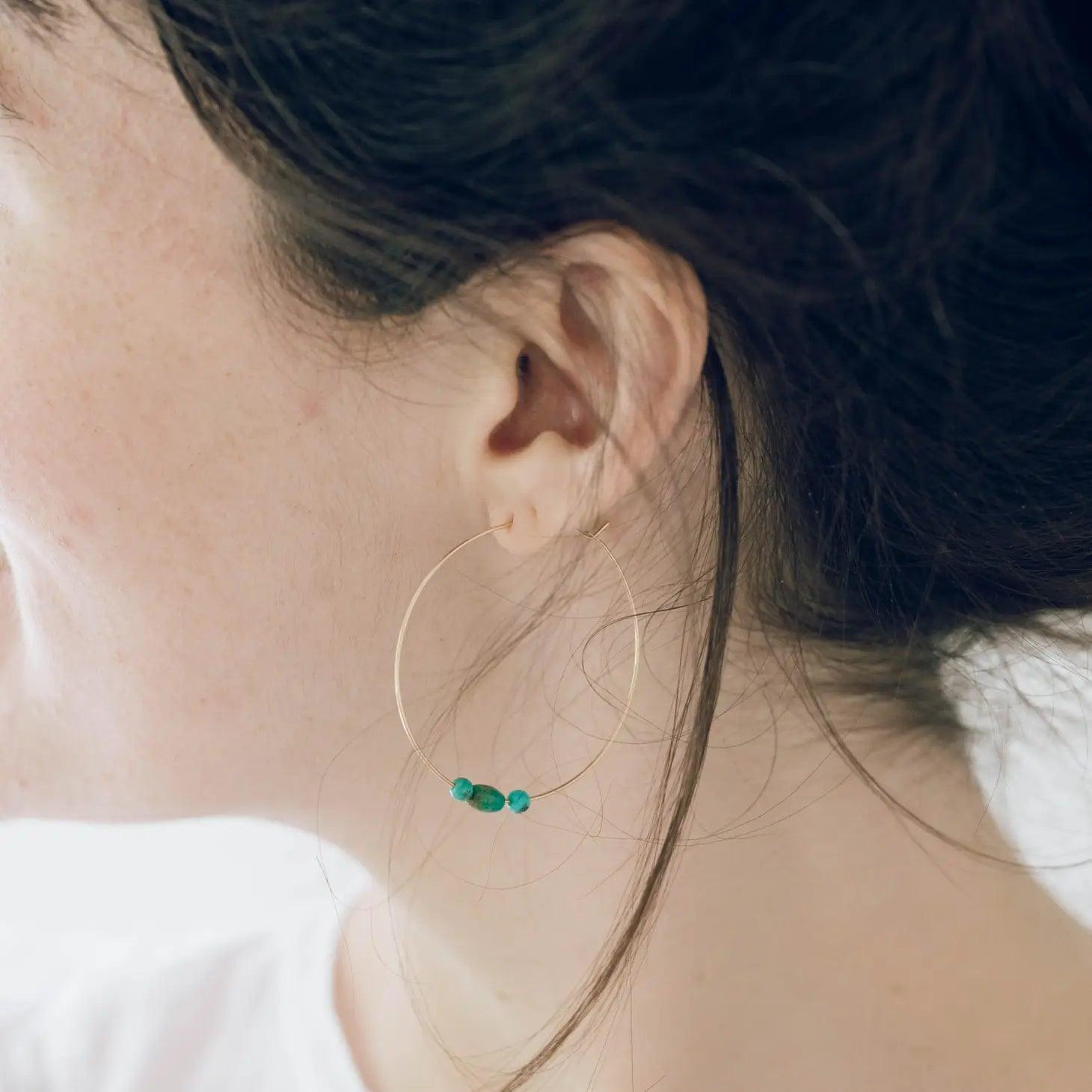 Genuine Turquoise Beaded Hoop Earrings.