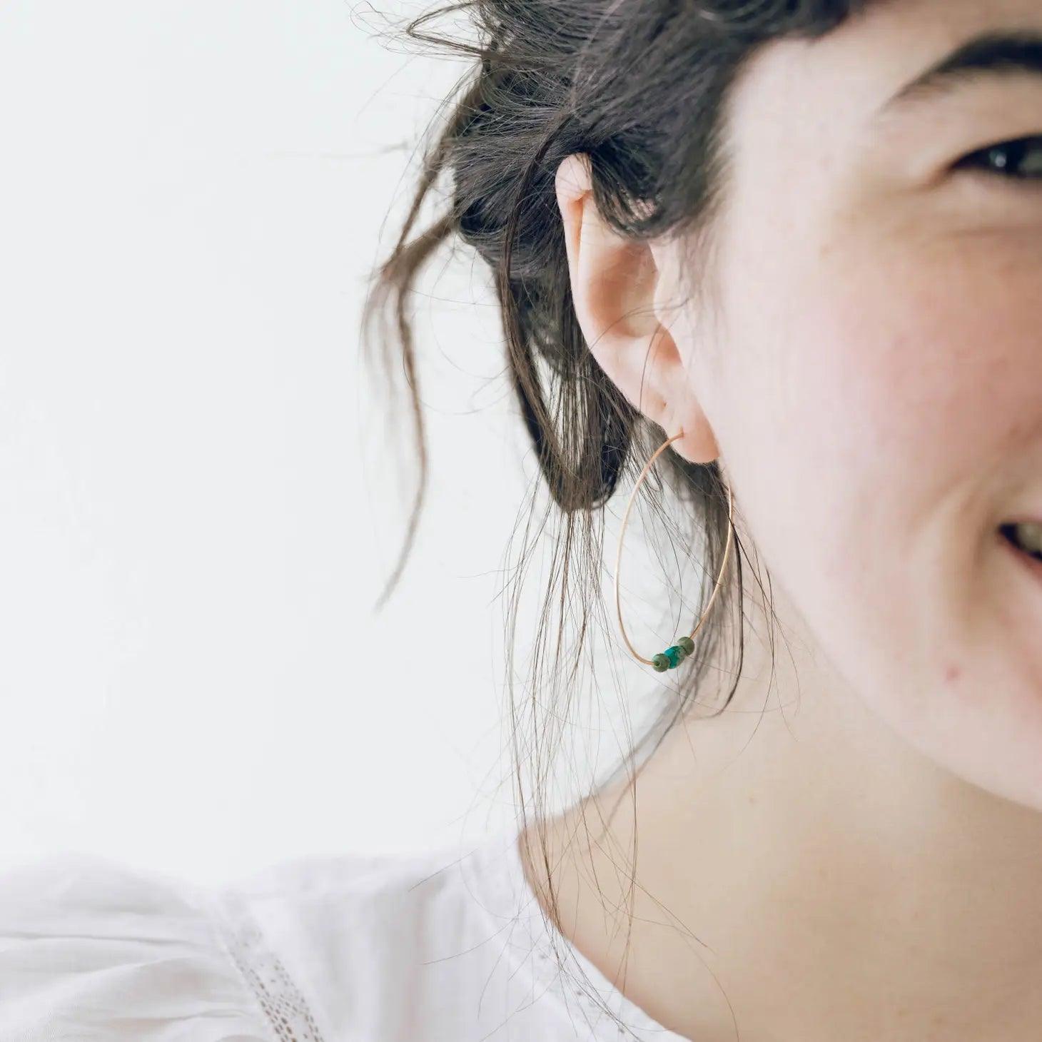 Genuine Turquoise Beaded Hoop Earrings.