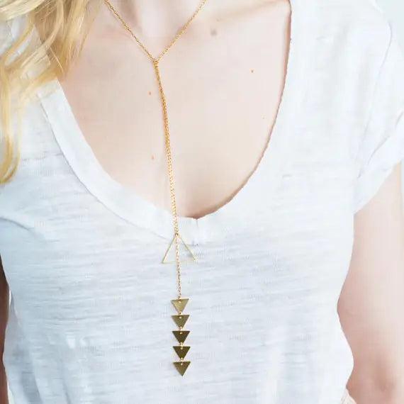 Handmade Adjustable Lariat Necklace with Golden Brass Triangle Pendant.