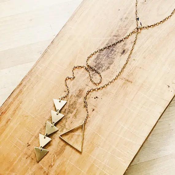 Handmade Adjustable Lariat Necklace with Golden Brass Triangle Pendant.