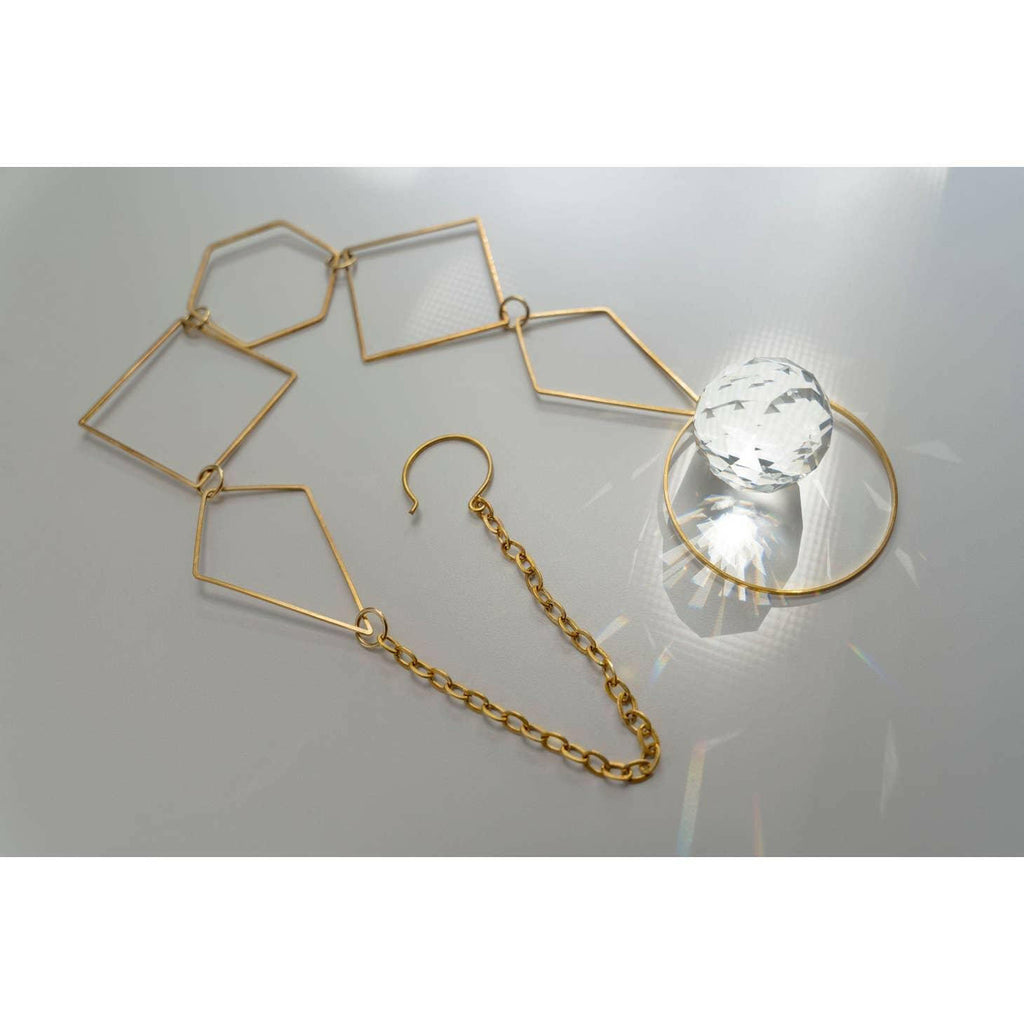 Handmade Brass Wall Air Plant Hanger | Geometric Design with Crystal Prism | 20" x 2.4" | Made in Tucker, Georgia.