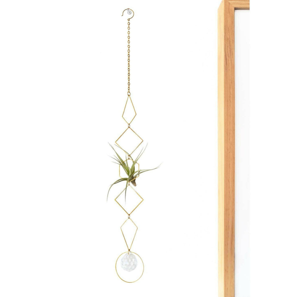 Handmade Brass Wall Air Plant Hanger | Geometric Design with Crystal Prism | 20" x 2.4" | Made in Tucker, Georgia.