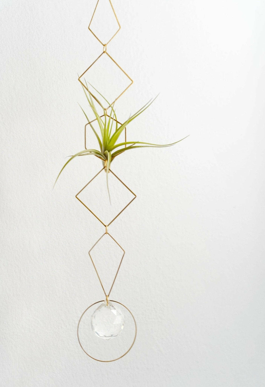 Handmade Brass Wall Air Plant Hanger | Geometric Design with Crystal Prism | 20" x 2.4" | Made in Tucker, Georgia.