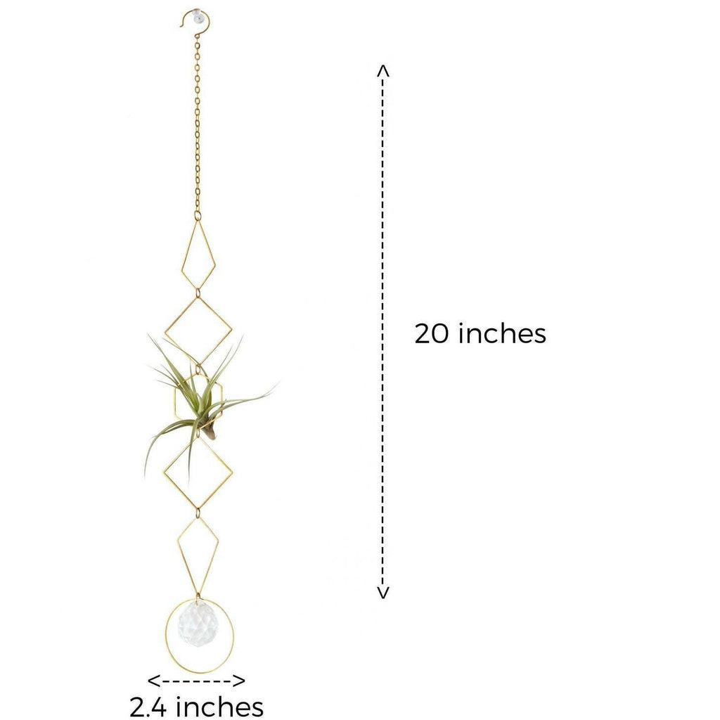 Handmade Brass Wall Air Plant Hanger | Geometric Design with Crystal Prism | 20" x 2.4" | Made in Tucker, Georgia.