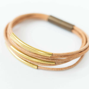 Handmade Multi-Strand Leather Bangle Bracelet with Brass Magnetic Clasp.