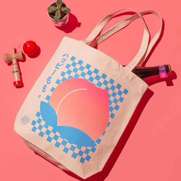 Happy Peach ハッピーもも Tote Bag by Gucha Gucha | Hand-Printed Vintage-Inspired Design