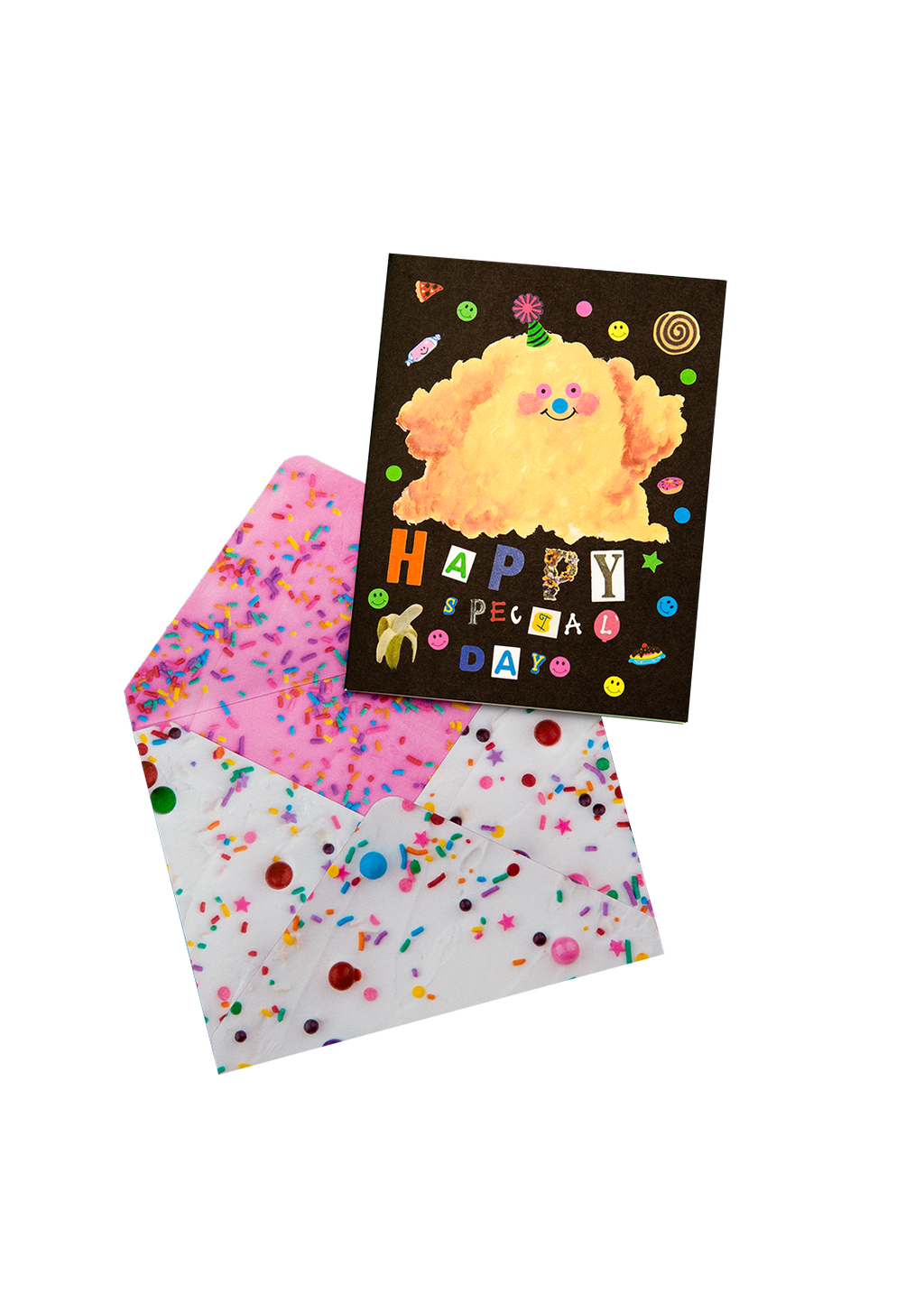 Greeting card with cartoon character and 'Happy Birthday' text, featuring a colorful envelope on a white background.