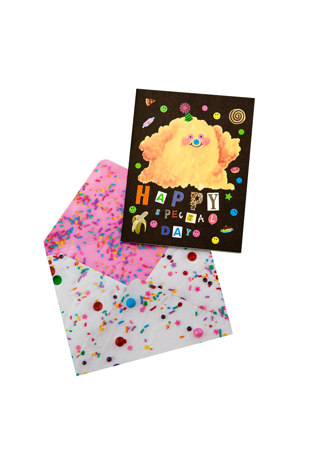Greeting card with cartoon character and 'Happy Birthday' text, featuring a colorful envelope on a white background.