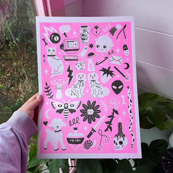 Hot Pink & Black Tattoo Flashwork Art Print by Amy Hastings.