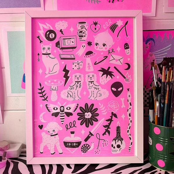 Hot Pink & Black Tattoo Flashwork Art Print by Amy Hastings.