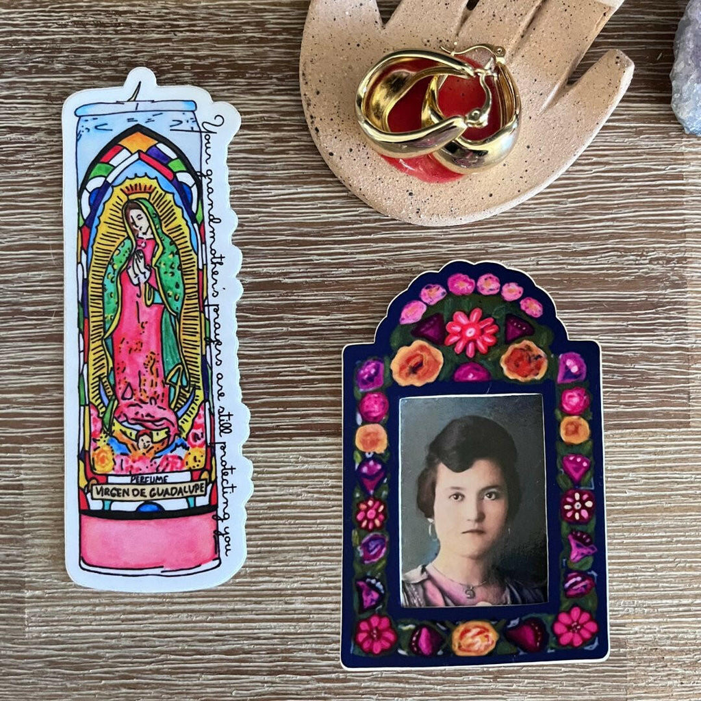 La Virgencita Prayer Candle Sticker - Dia de los Muertos.