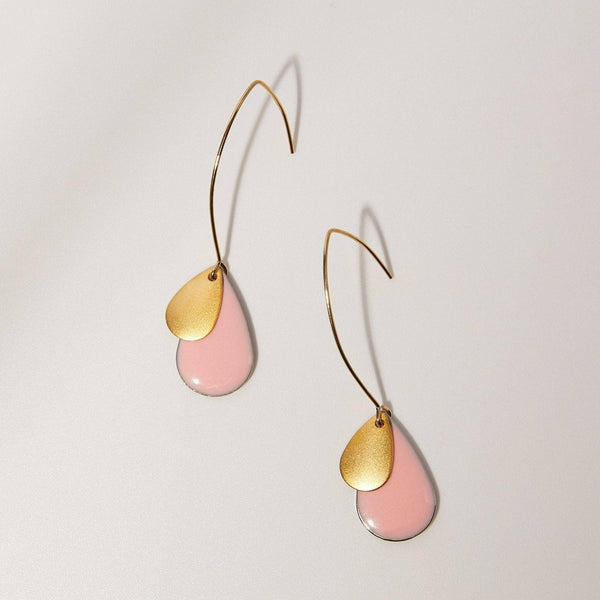 Oh, So Fitting! "Le Délice" Pink Drop Earrings | Matte Gold Teardrop Dangle.