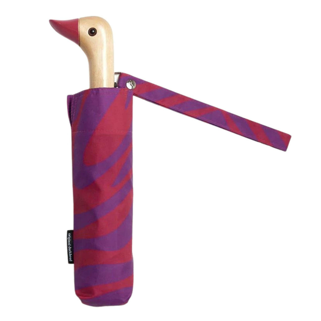 Original Duckhead Sustainable Umbrella, Red & Purple Swirl, Made from Recycled Plastic Bottles with Carved Duckhead Hand.
