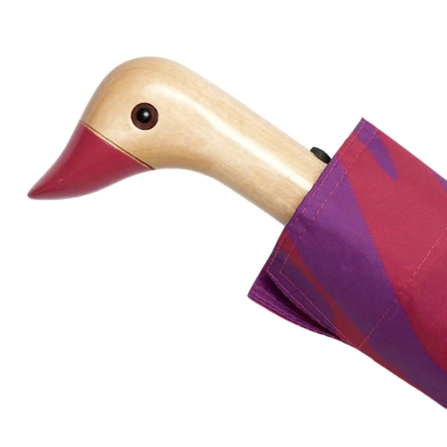 Original Duckhead Sustainable Umbrella, Red & Purple Swirl, Made from Recycled Plastic Bottles with Carved Duckhead Hand.