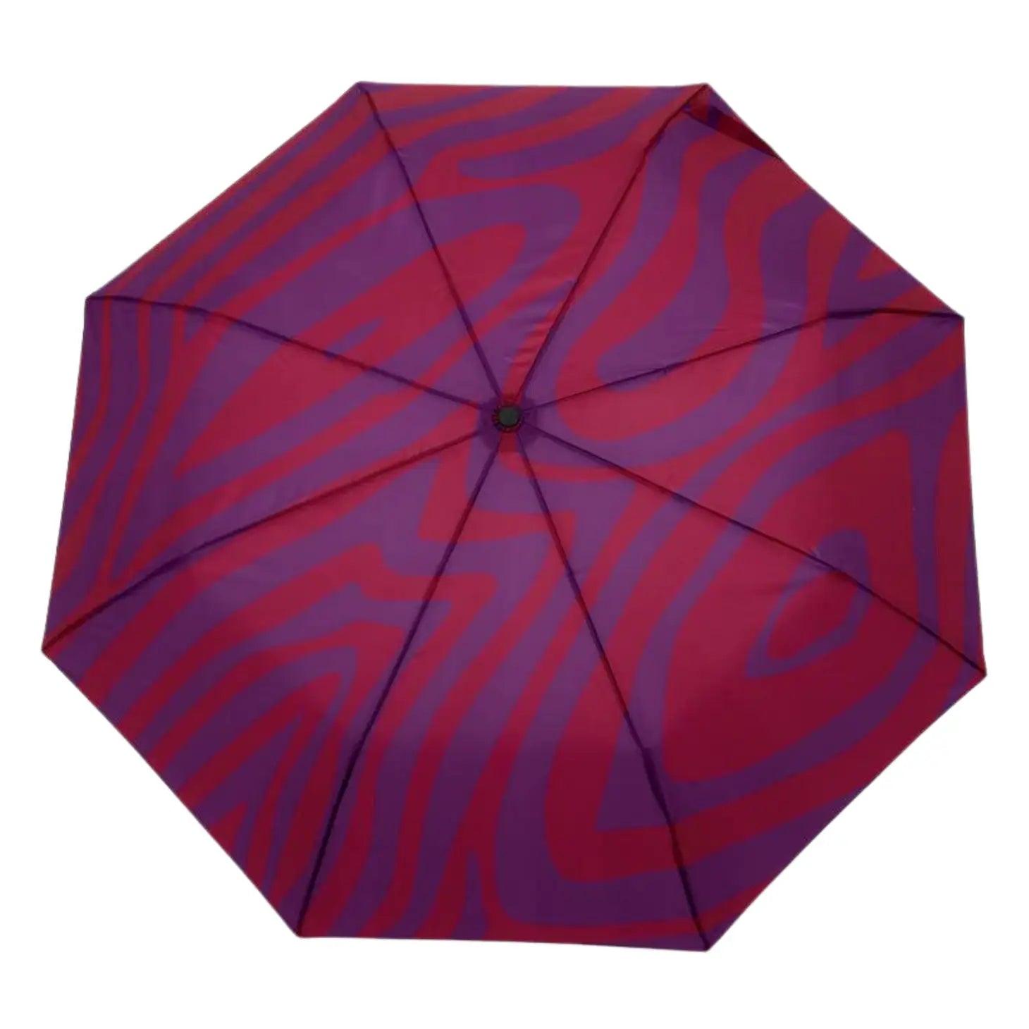 Original Duckhead Sustainable Umbrella, Red & Purple Swirl, Made from Recycled Plastic Bottles with Carved Duckhead Hand.