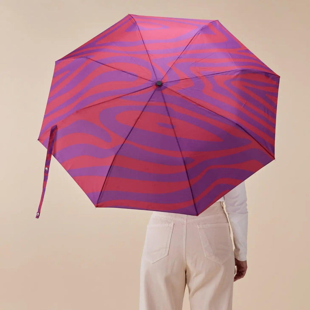 Original Duckhead Sustainable Umbrella, Red & Purple Swirl, Made from Recycled Plastic Bottles with Carved Duckhead Hand.