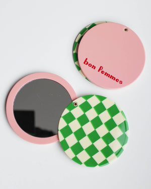 Pink & Green Checkered Pocket Mirror | Bon Femmes | Swivel Compact Mirror | 3.5