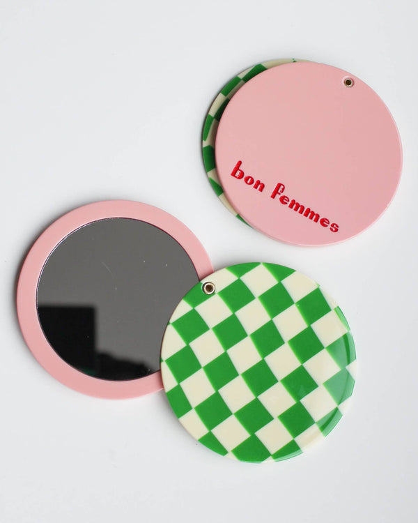 Pink & Green Checkered Pocket Mirror | Bon Femmes | Swivel Compact Mirror | 3.5" Acetate - Ruby's