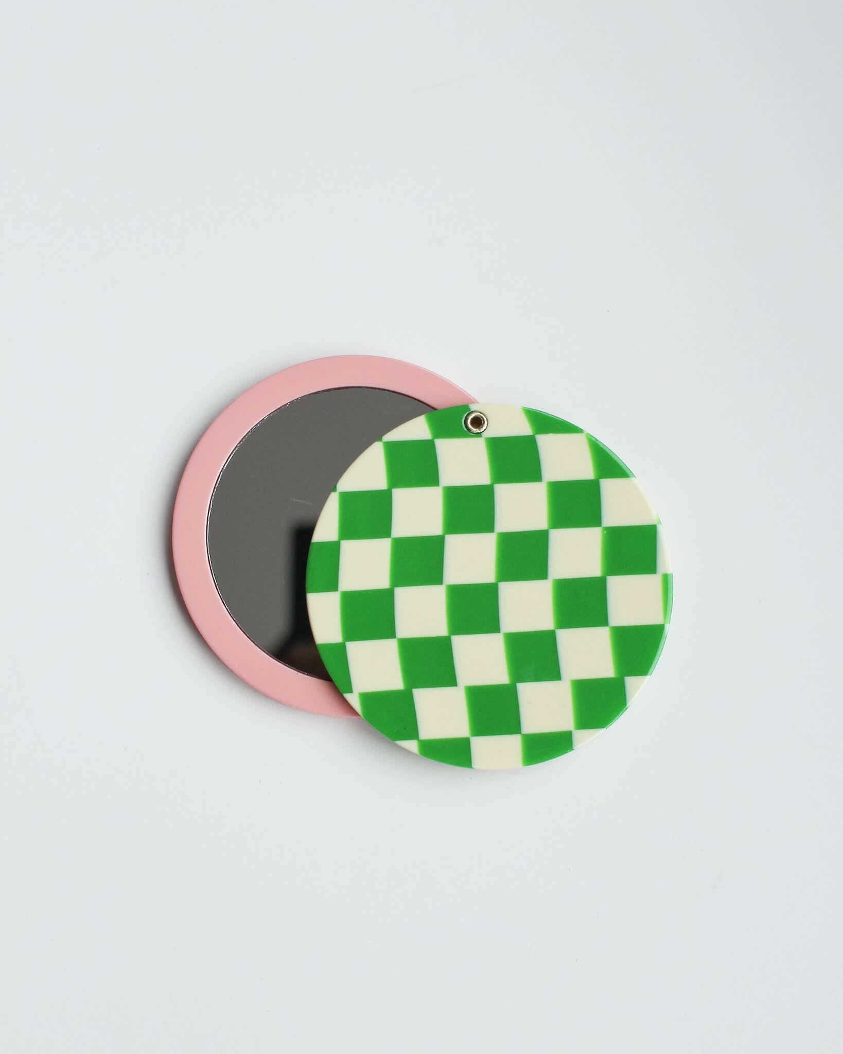 Pink & Green Checkered Pocket Mirror | Bon Femmes | Swivel Compact Mirror | 3.5" Acetate.