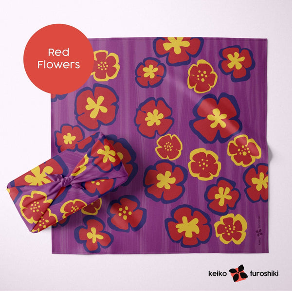 Reusable Fabric Gift Wrap Furoshiki: Red Flowers by Keiko Furoshiki.